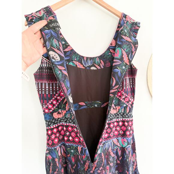 Saloni | Elodie-C A-Line Dress in Garnet Bandhani Placement Blue Red | Sz 8 - Picture 11 of 11